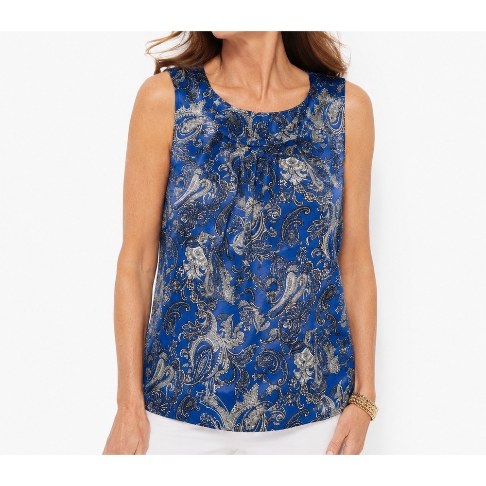 Talbots Womens Blue Paisley Sleeveless Gathered Neck Blouse Size L Business Top